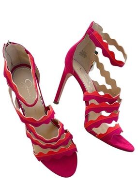 Like New Jessica Simpson Caveena scalloped Strap Heels Pink Orange Size 9.5